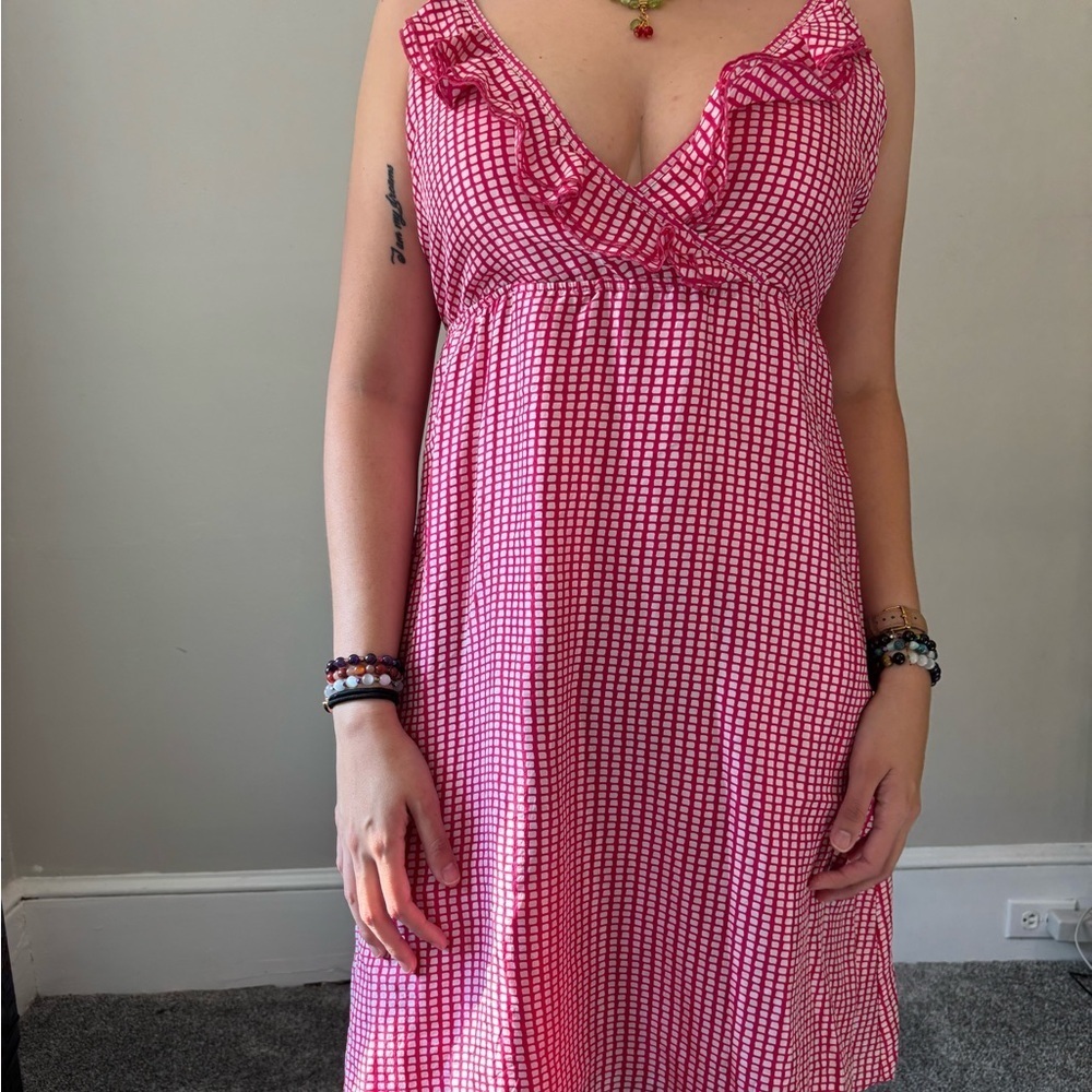 Y2K Gingham Pink & White Romantic Strapless Midi V-Neck Silk Dress - Small